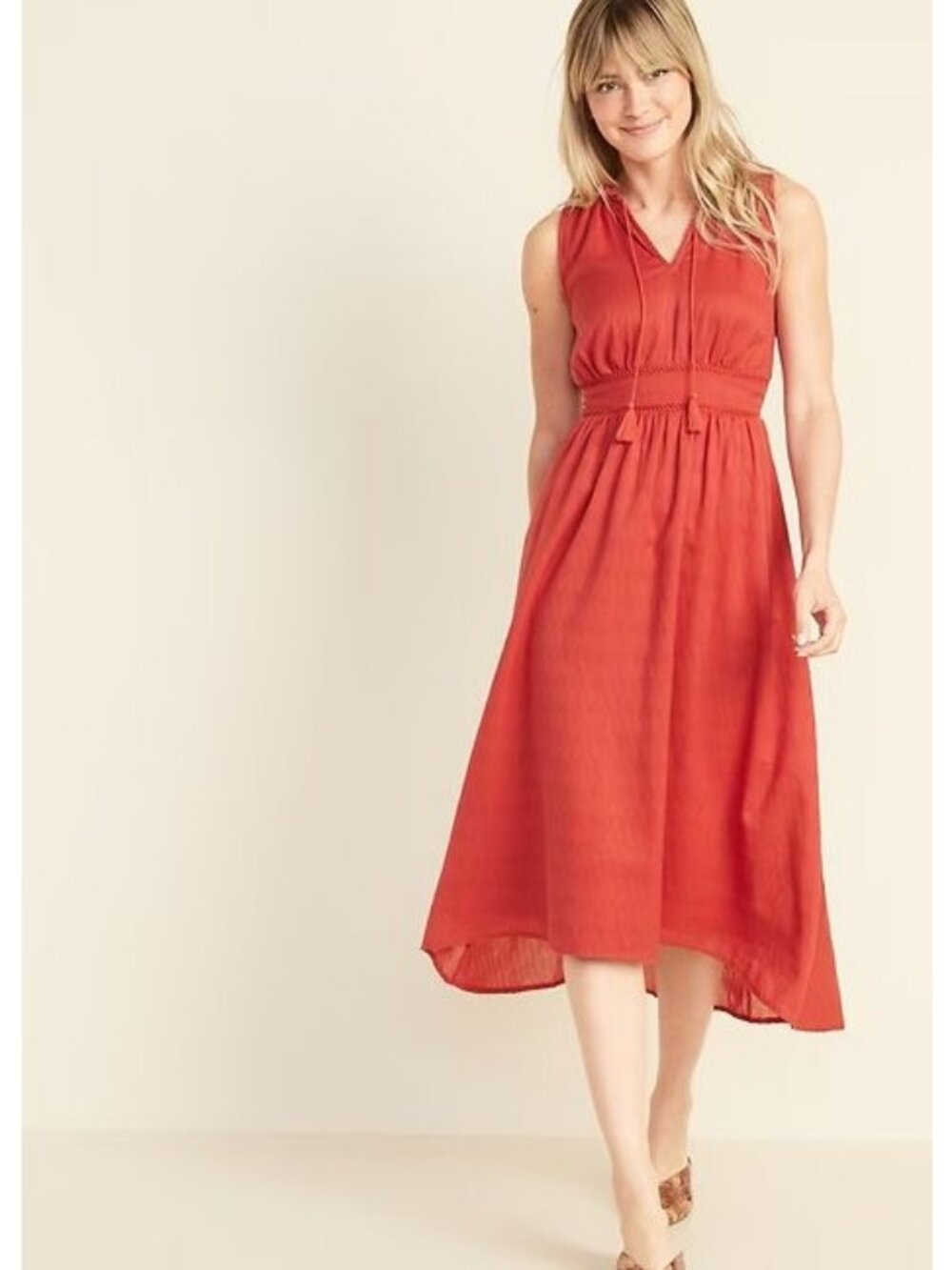 Old Navy Midi Dress XL Waist Defined Ruffled Tie Neck Red Trendy Chic NEW